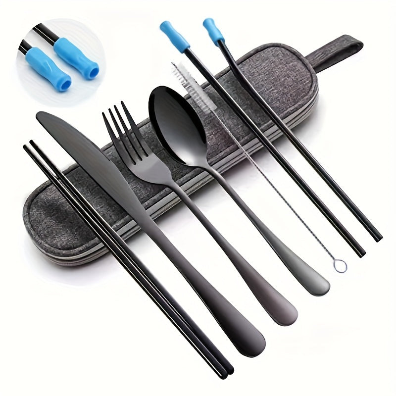 Portable Utensils, Travel Camping Cutlery Set, 8pcs including Knife Fork Spoon Chopsticks Cleaning Brush Straws Portable Case, Stainless Steel Flatware set