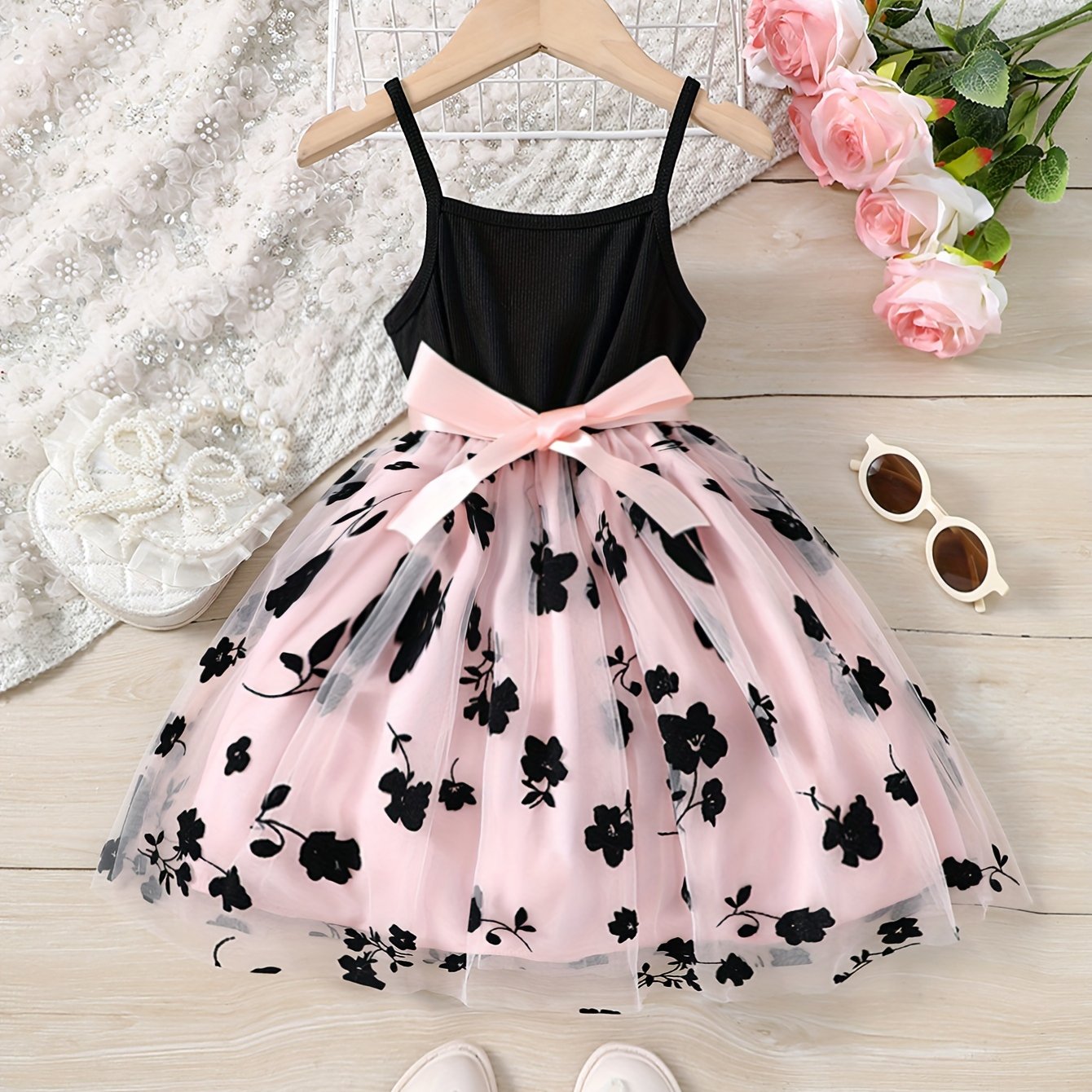 Splicing Flower Graphic Cami Tutu Dress Girls Summer Clothes Party Gift