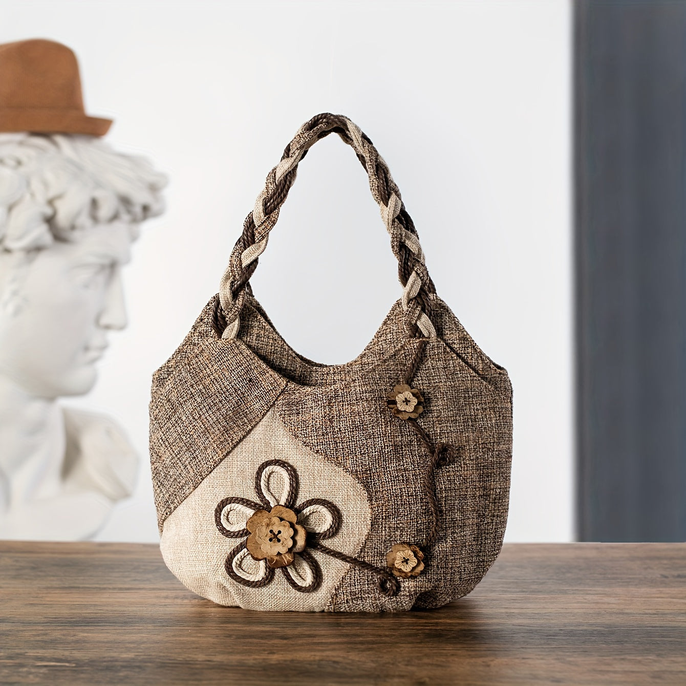 Foldable Zipper Closure Bohemian Style Handmade Flower Tote Bag - Fixed Shoulder Strap, with Wristlet, for Vacation