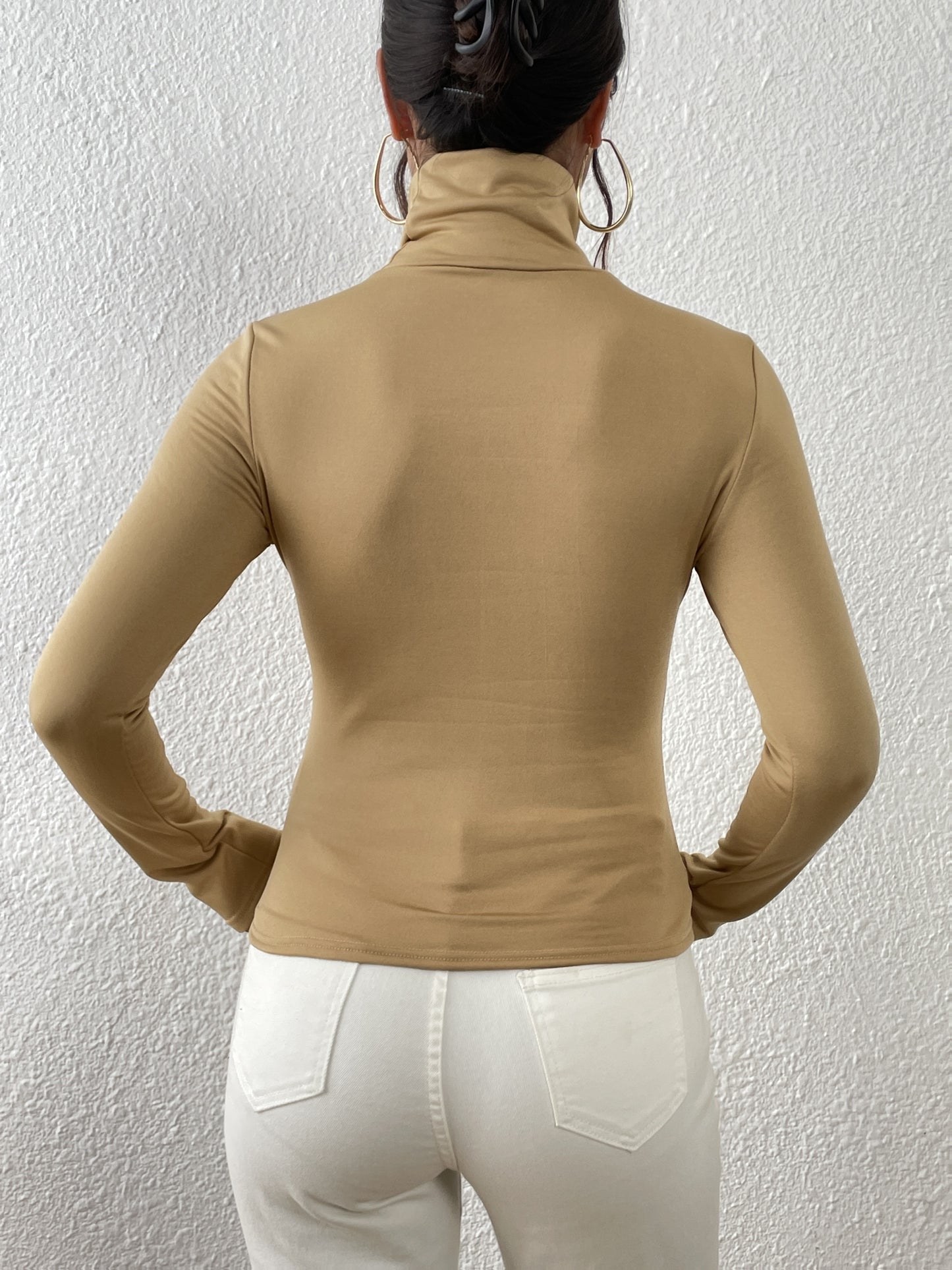 Women'S High-Neck Long Sleeve Crop Top - Stretchy Black Polyester Blend, Casual Chic Fit with Button Detail, Perfect for Fall/Winter, Casual Chic Top|Minimalist Style|Polyester Blend