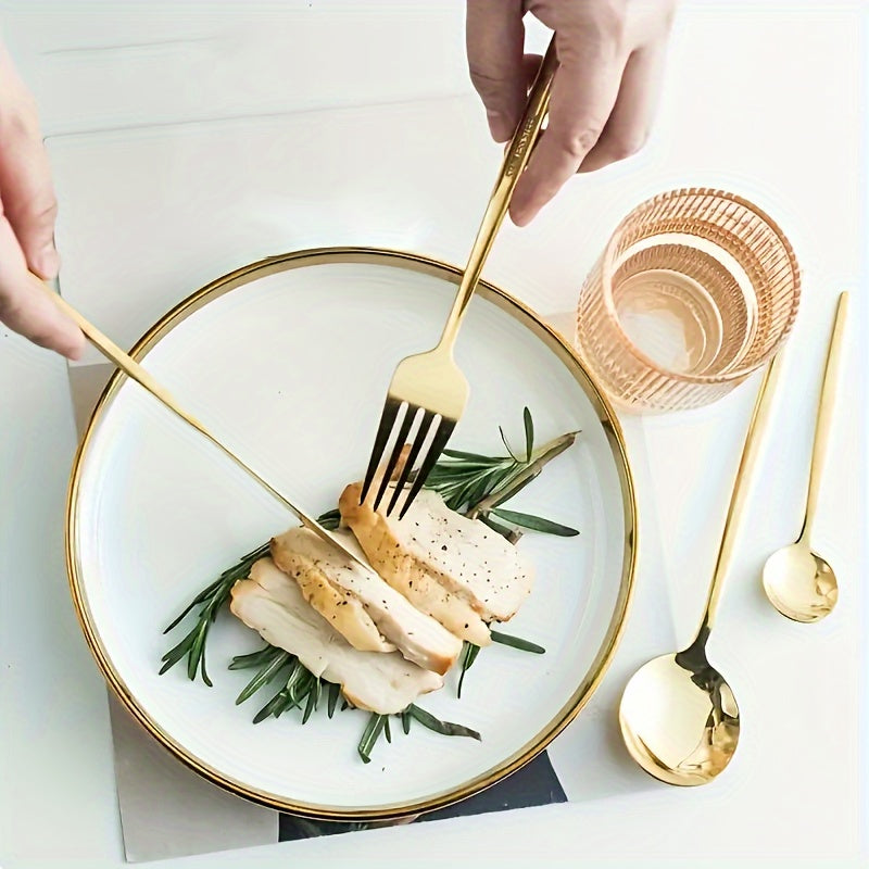 24-Piece Stainless Steel Portuguese Cutlery Set - Golden Western Steak Knife, Fork, and Spoon for Family Restaurant, Dishwasher Safe, Eid Al-Adha Gift - Durable Tabletop Serveware for Food Service Equipment & Supplies