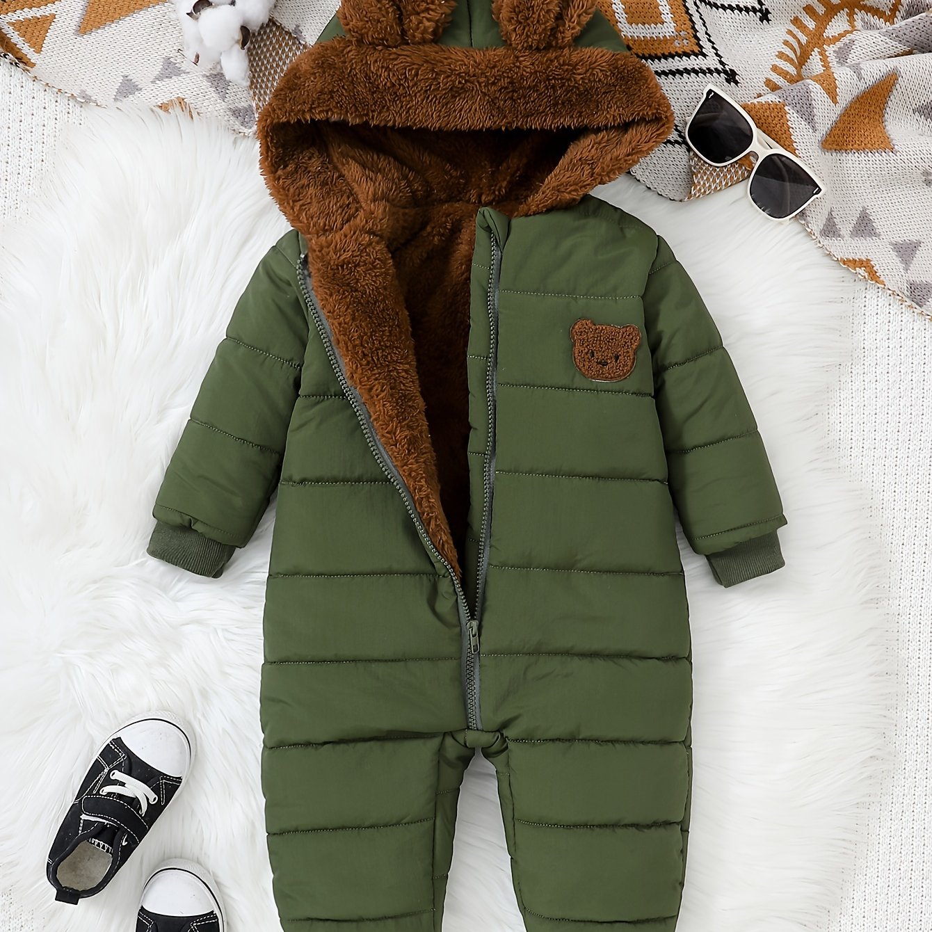 Baby Boy Winter Jumpsuit, Soft Plush Onesie with Hood, Warm Outfit Easy Diaper Change Loose Fit, Newborn Clothing for Infant & Toddler, Perfect for Cold Weather Outdoor & Photoshoots
