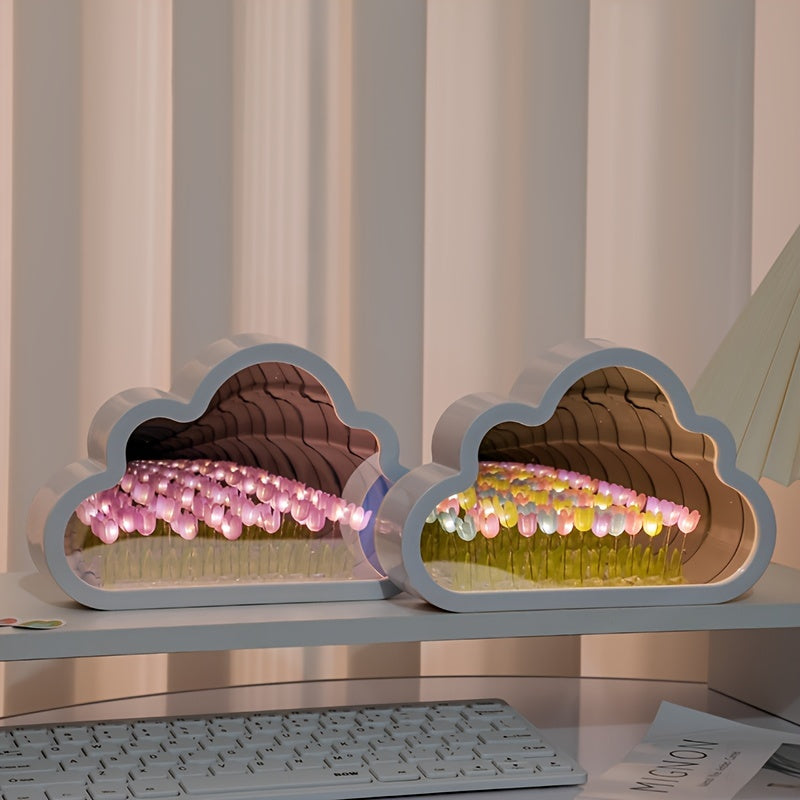 1pc Handcrafted Tulip Cloud LED Night Light with Mirror - Multicolor Flower Sea Glow, Adjustable Brightness, Battery-Powered Desk Lamp for Bedroom & Living Room Ambiance - Ideal Gift for Girlfriend, Best Friend on Christmas,