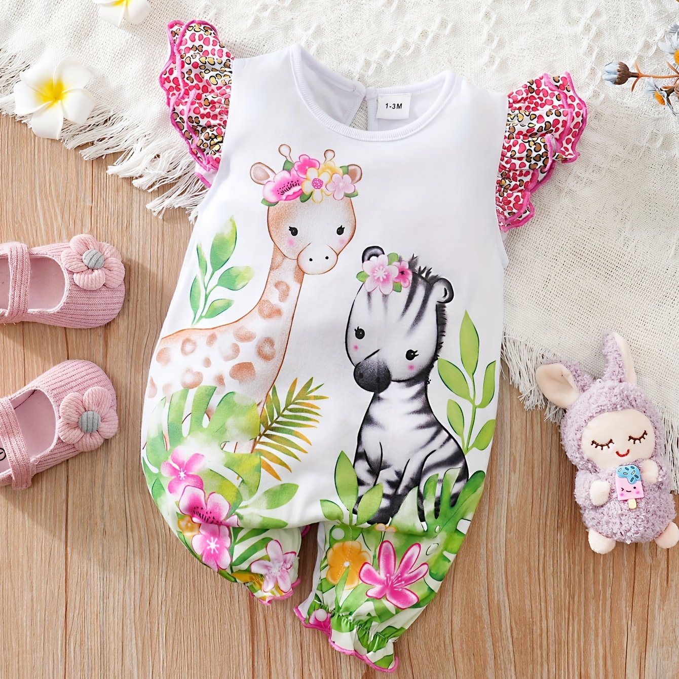 Baby Girls' Casual Romper - Cartoon Deer Print, Crew Neck, Polyester Knit Fabric with Slight Stretch - Summer Outdoor Wear | Flutter Sleeves | Hand Wash Only