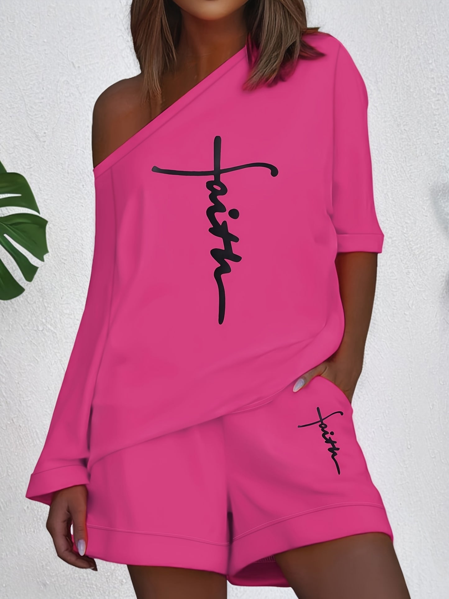 Chic Faith Printed Women's 2-Piece Set – Off-Shoulder Tee & Comfy Drawstring Shorts for Casual Wear