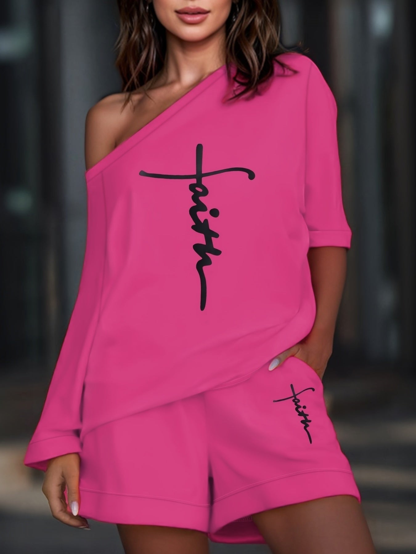 Chic Faith Printed Women's 2-Piece Set – Off-Shoulder Tee & Comfy Drawstring Shorts for Casual Wear