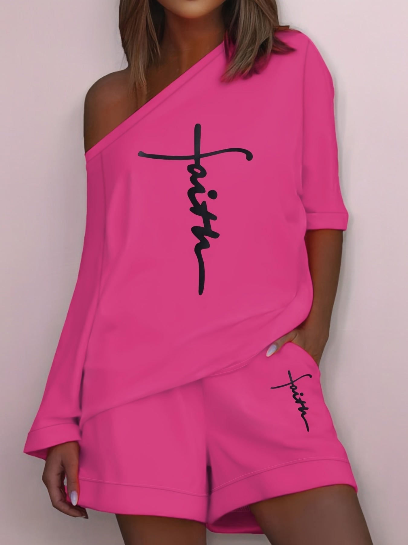 Chic Faith Printed Women's 2-Piece Set – Off-Shoulder Tee & Comfy Drawstring Shorts for Casual Wear