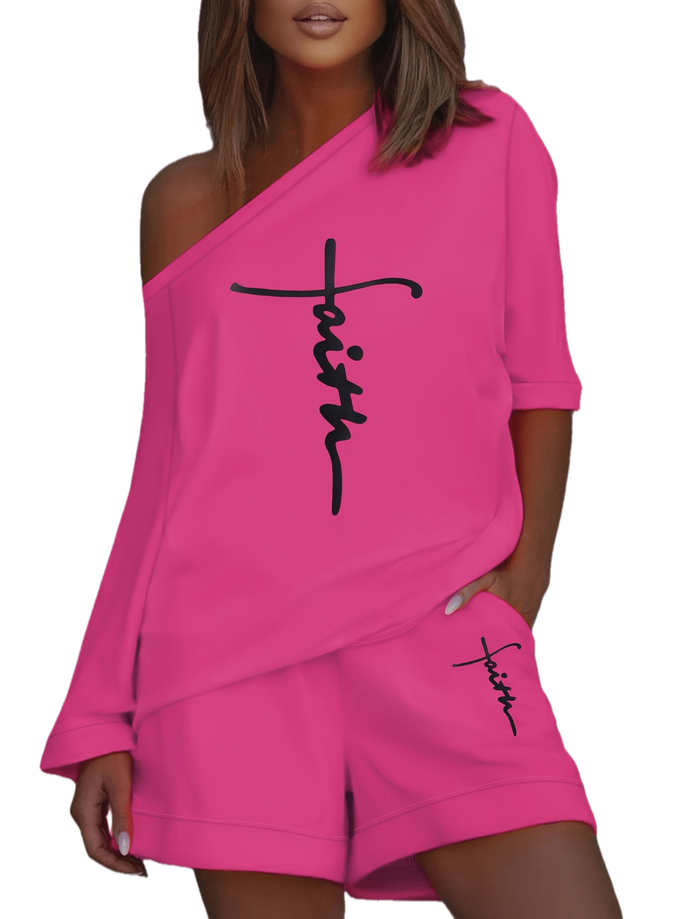 Chic Faith Printed Women's 2-Piece Set – Off-Shoulder Tee & Comfy Drawstring Shorts for Casual Wear