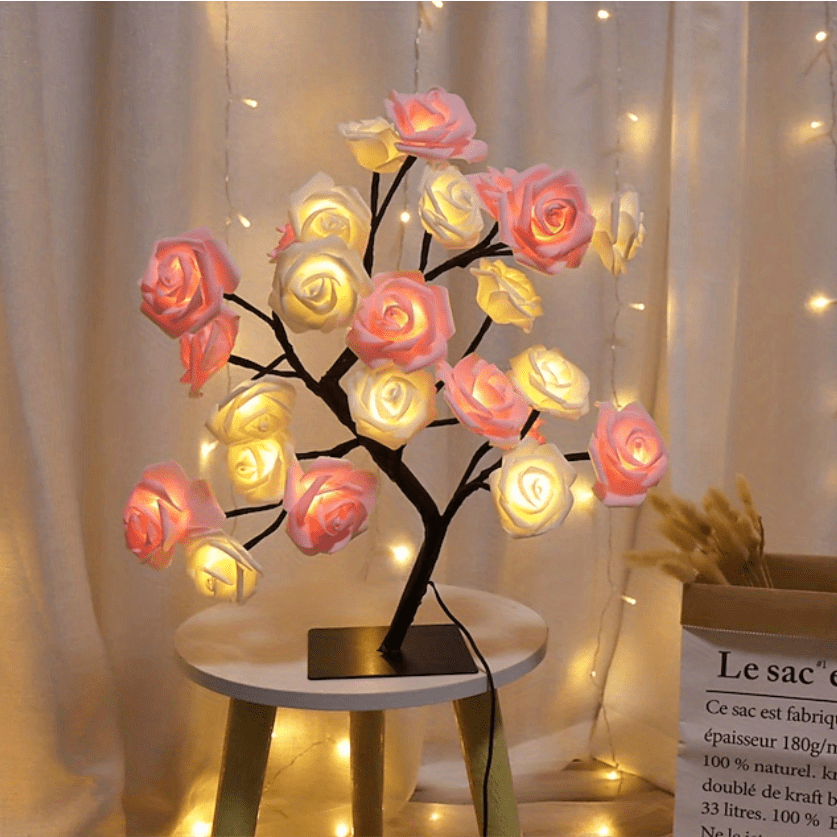 1pc LED Rose Flower Table Lamp, Valentine Tree Fairy Lights 24LED Rose Flower Tree Lights Valentine's Day USB Table Lamp Fairy Maple Leaf Night Light Home Party Christmas Wedding Bedroom Decoration Gift
