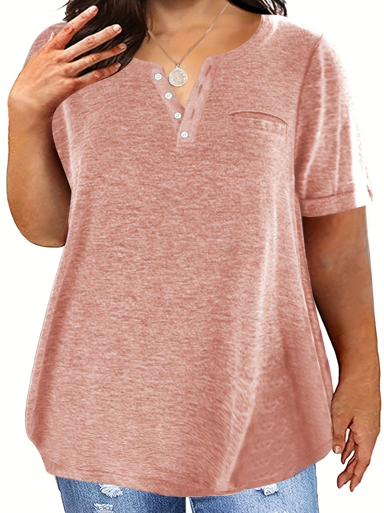 Plus Size Button Front Short Sleeve T-shirt, Women's Plus Slight Stretch Casual Tee