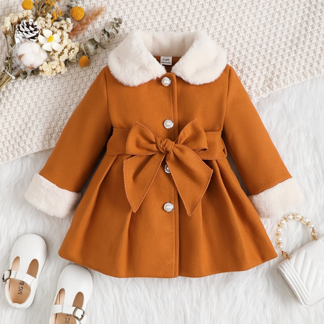 Fashionable And Versatile Coat for Baby Girls in Autumn And Winter, a Perfect Mother'S Day Gift. Adorable Plush Coat with a Bow And Collar, Designed for a Sweet Princess Look. Soft And Comfortable Outerwear to Keep Baby Warm