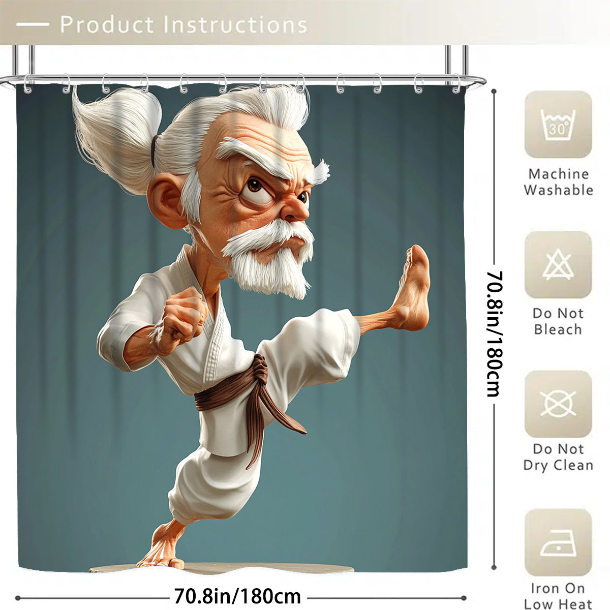 1/4pcs Kung Fu Cartoon Character Printed Shower Curtain Set, Bathroom Decoration Set Includes Waterproof Shower Curtain, Non-Slip Mat, Toilet Lid, Bathroom Mat, And 12 Plastic Hooks, Bathroom Accessories, Home Decor.