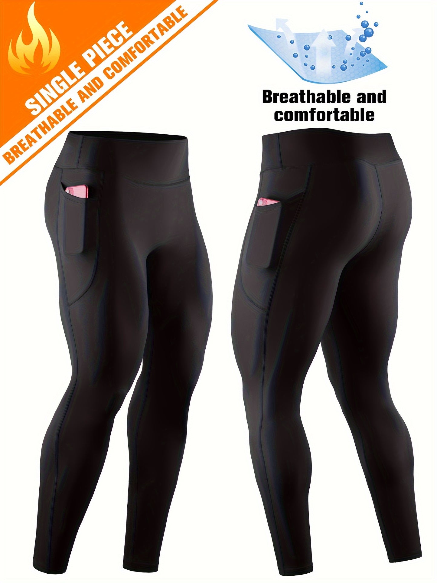 Men'S High Waist Compression Sports Leggings, Quick Dry, High Elastic, Polyester 90% Spandex 10%, Solid Color, Pocket Detail, Knit Fabric, Skinny Fit, Four Seasons, for Running, Yoga, Training, Basketball, Outdoor Activities