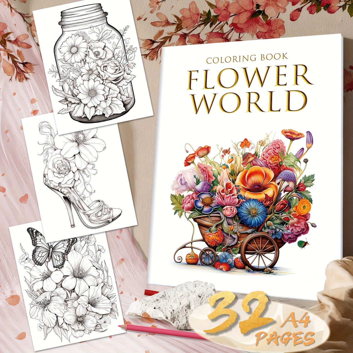 1pc 32 Pictures A4 Flower World Coloring Book, Wonderful Various Flowers Patterns To Help Reduce Stress And Calming, Excellent Gift For Birthday, Party, Halloween, Thanksgiving, Christmas, Mother's Day And Valentine's Day, Or