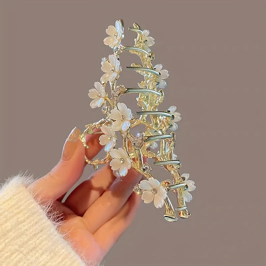 1pc Elegant Rhinestone & Faux Imitation Pearl Lily Flower Hair Clip - Secure Shark Grip for Updos, Medium Size Hair Claw for Weddings, Parties, Prom - Sparkling Floral Hair Accessories for Women, Wedding Hairpiece, Emotional