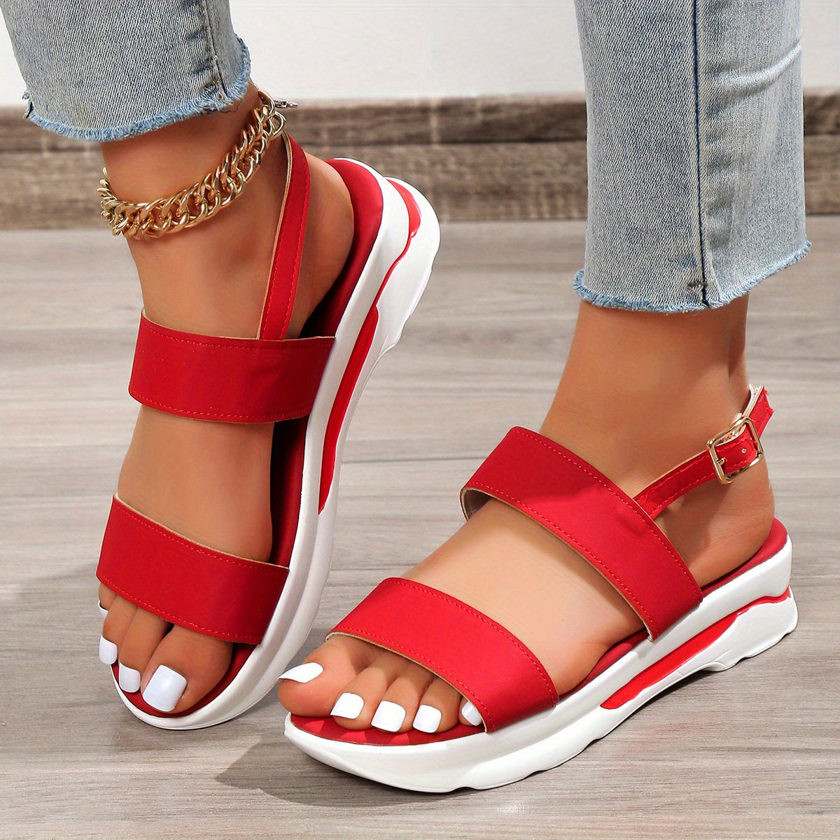 Non Slip Women's Platform Open Toe Sandals, Solid Color Ankle Buckle Strap Casual Outdoor Shoes
