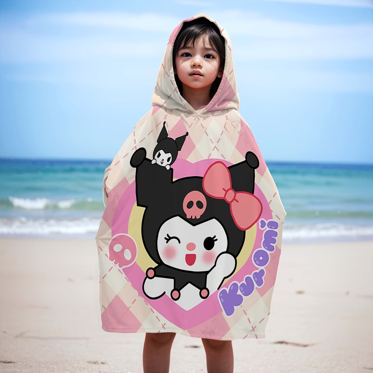 1pc Sanrio Kuromi Adult & Kids Wearable Beach Towel with Hood - Quick-Dry Microfiber Bathrobe, Cute Kuromi Character Swim Wrap, Machine Washable for Pool, Bath, Travel - Ideal for & Adults