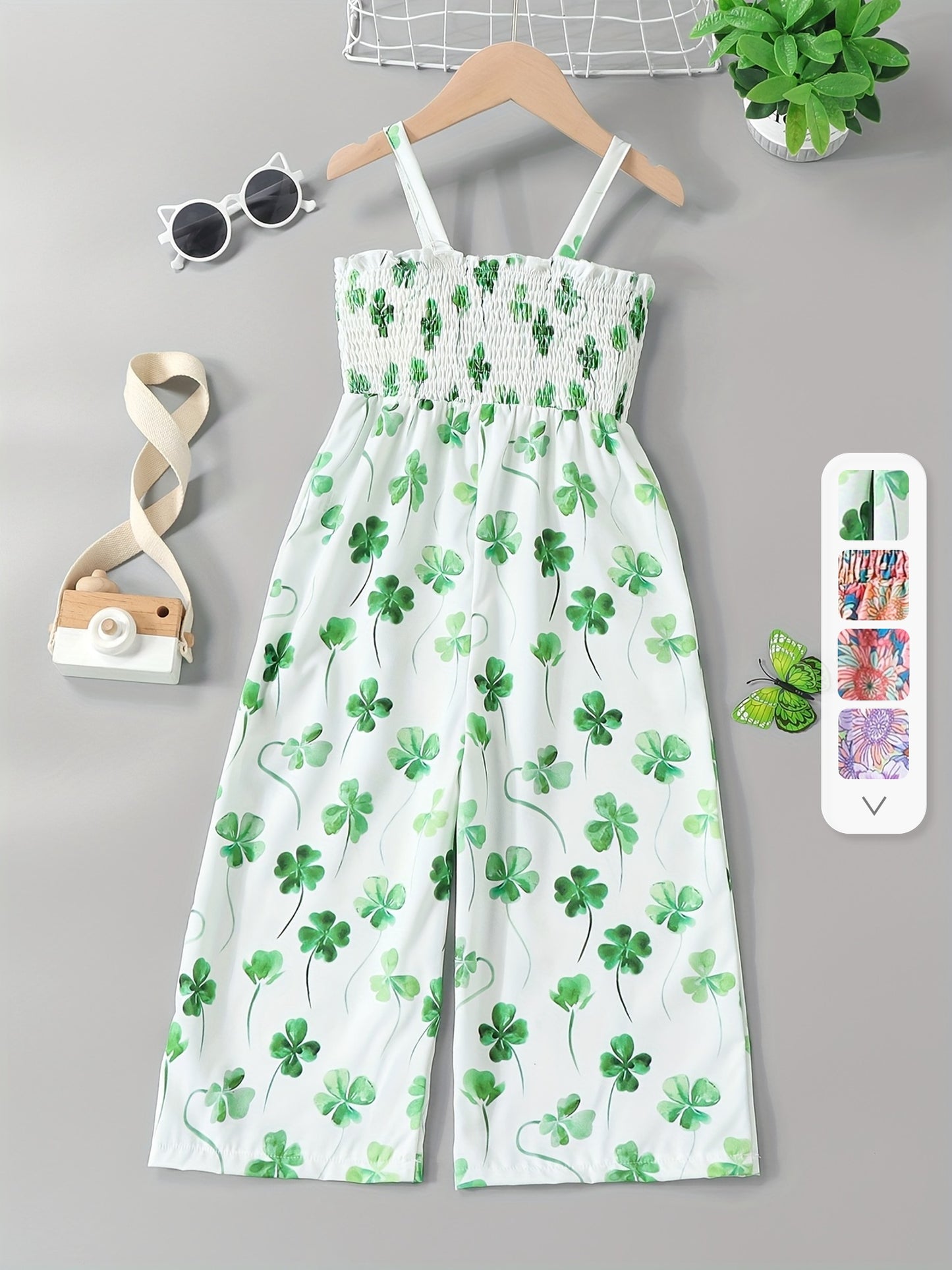 [Boho Flower Jumpsuit] Boho Flower Print Girls Shirred Cami Jumpsuit | For Going Out Party Holiday Kids Summer Clothes