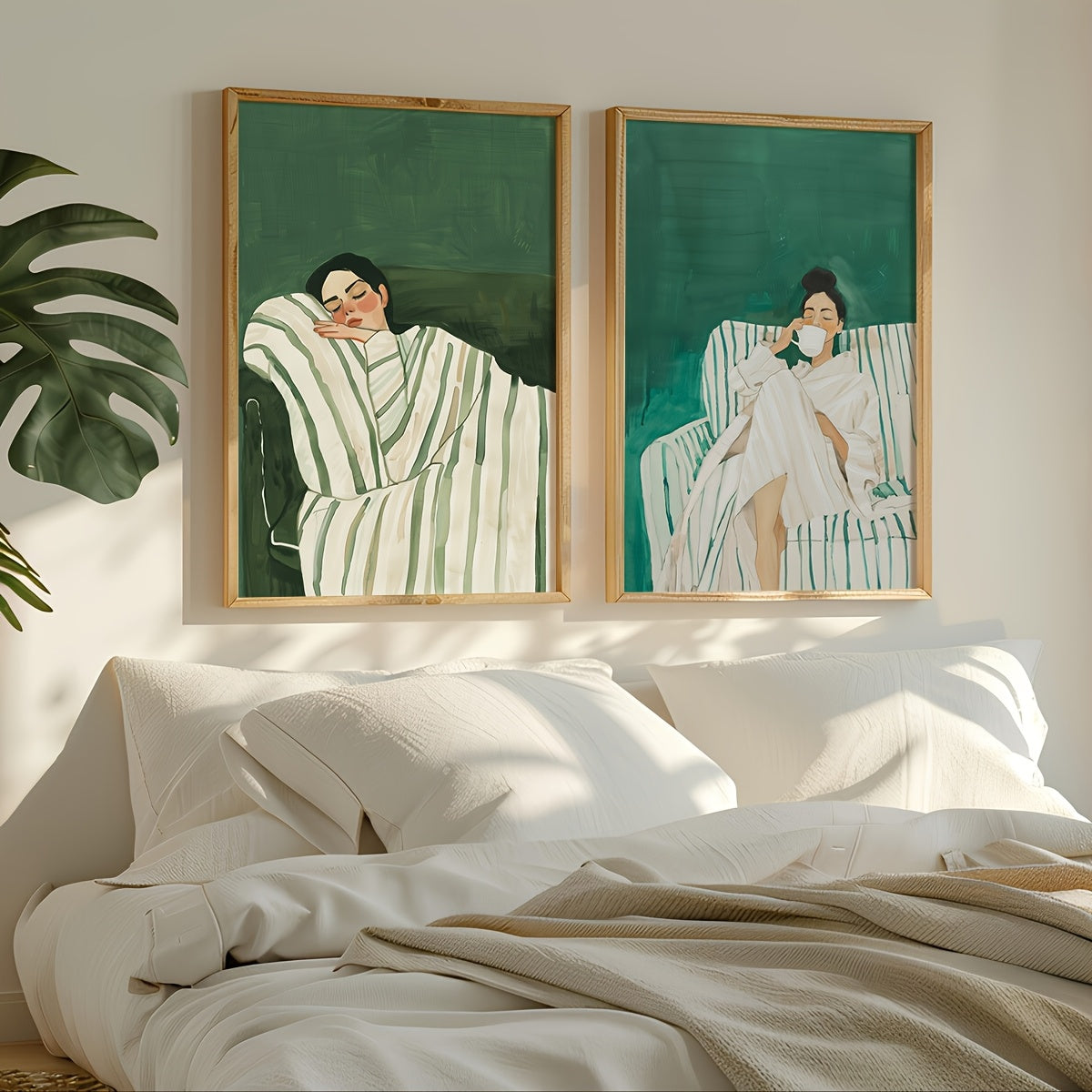 A Set of 2 Abstract Character Wall Art Prints, Featuring a Jade Green Striped Woman Canvas Poster, Minimalist Large Art Wall Decor, Coffee Lover Prints, Spring Decorations for Living Rooms, Bedrooms, Cafes, Bars, Offices, Hal