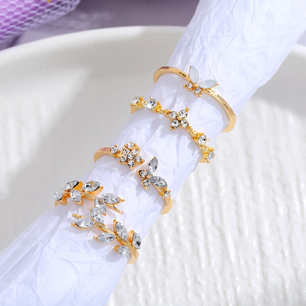 4pcs Stylish Stacking Rings Sparkling Leaf/ Butterfly/ Flower Design Inlaid Gemstone Match Daily Outfits Party Accessories