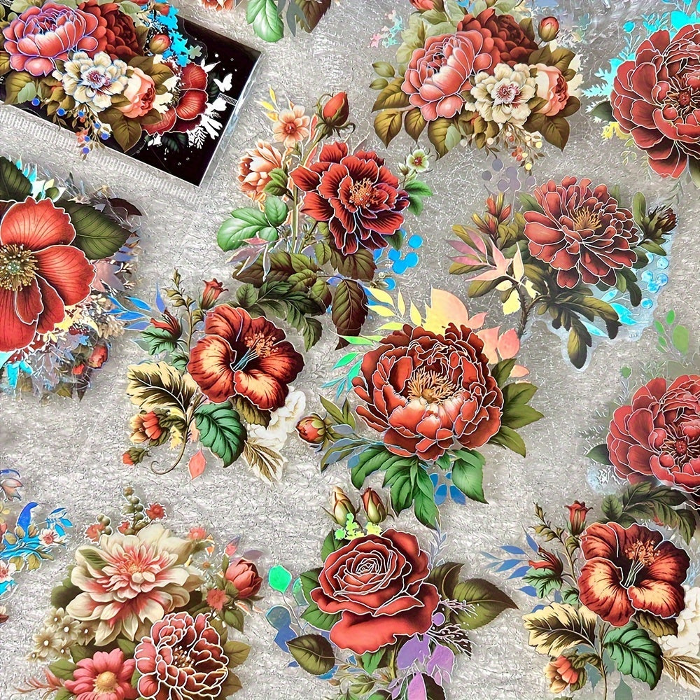 [Floral PET Stickers] 20-Pack Mixed Color Floral PET Stickers | Self-Adhesive Glitter Flower Decals for Scrapbooking, Journals, and Art Collages - Reusable Plant-Themed Embellishments with Shimmery Finish, Irregular Shapes
