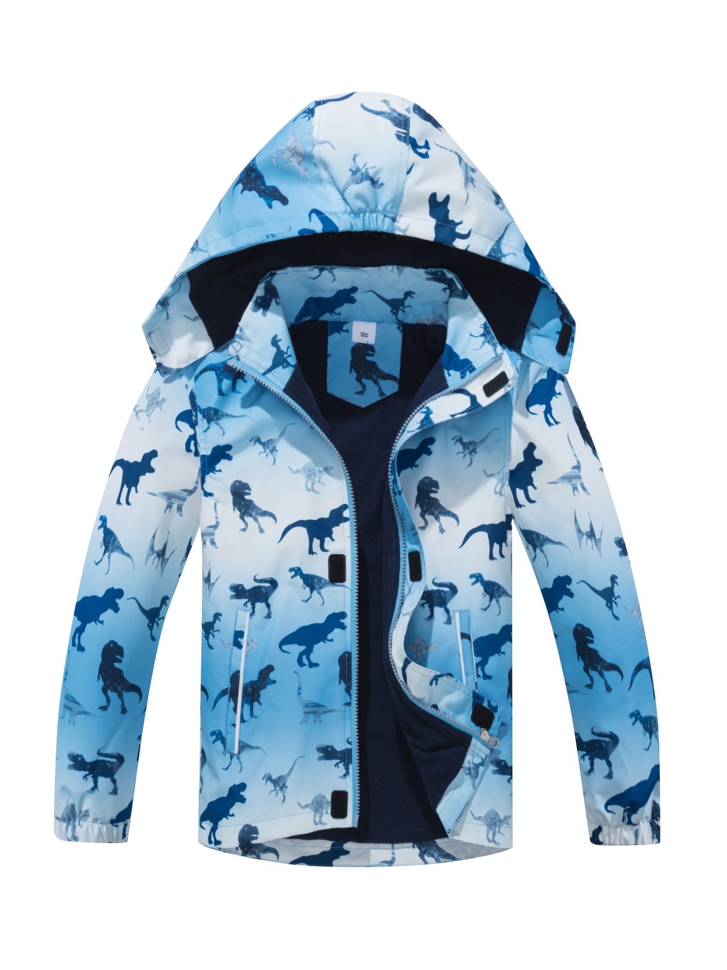 Boys' Dinosaur Jacket with Removable Hood & Windproof Fleece Lining - Lightweight Casual Zip-Up for Running, All-Season Playful Animal Print Coat, Dinosaur Clothes, Running Gear, Playful Design, Functional Zipper