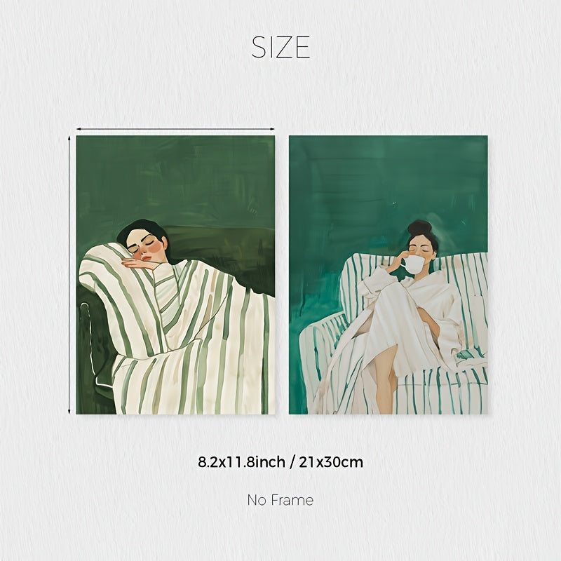 A Set of 2 Abstract Character Wall Art Prints, Featuring a Jade Green Striped Woman Canvas Poster, Minimalist Large Art Wall Decor, Coffee Lover Prints, Spring Decorations for Living Rooms, Bedrooms, Cafes, Bars, Offices, Hal