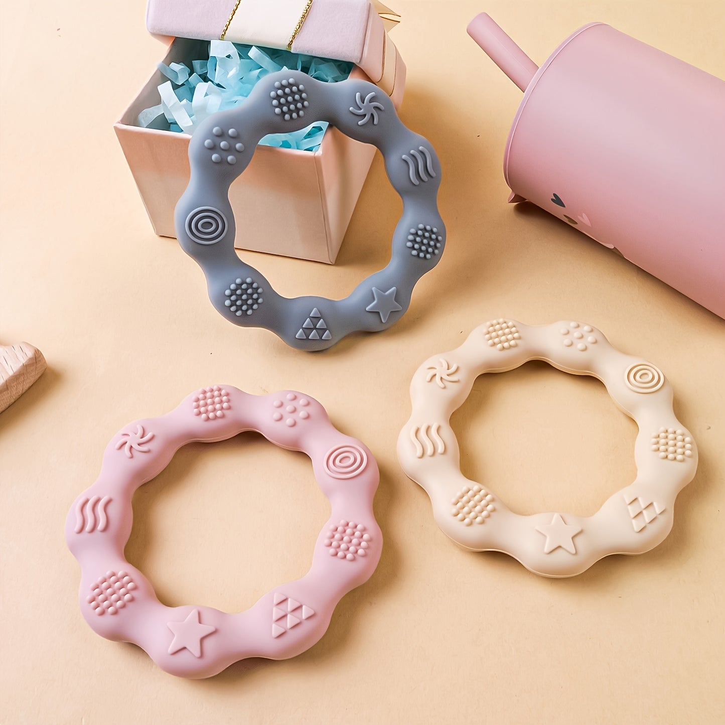 TYRY.HU Baby Teething Ring for 6+ Months - Soft Silicone Teether Toy with Textured, Newborn Gum, Dishwasher - Suitable for 0-2 Years (Bright,,,)