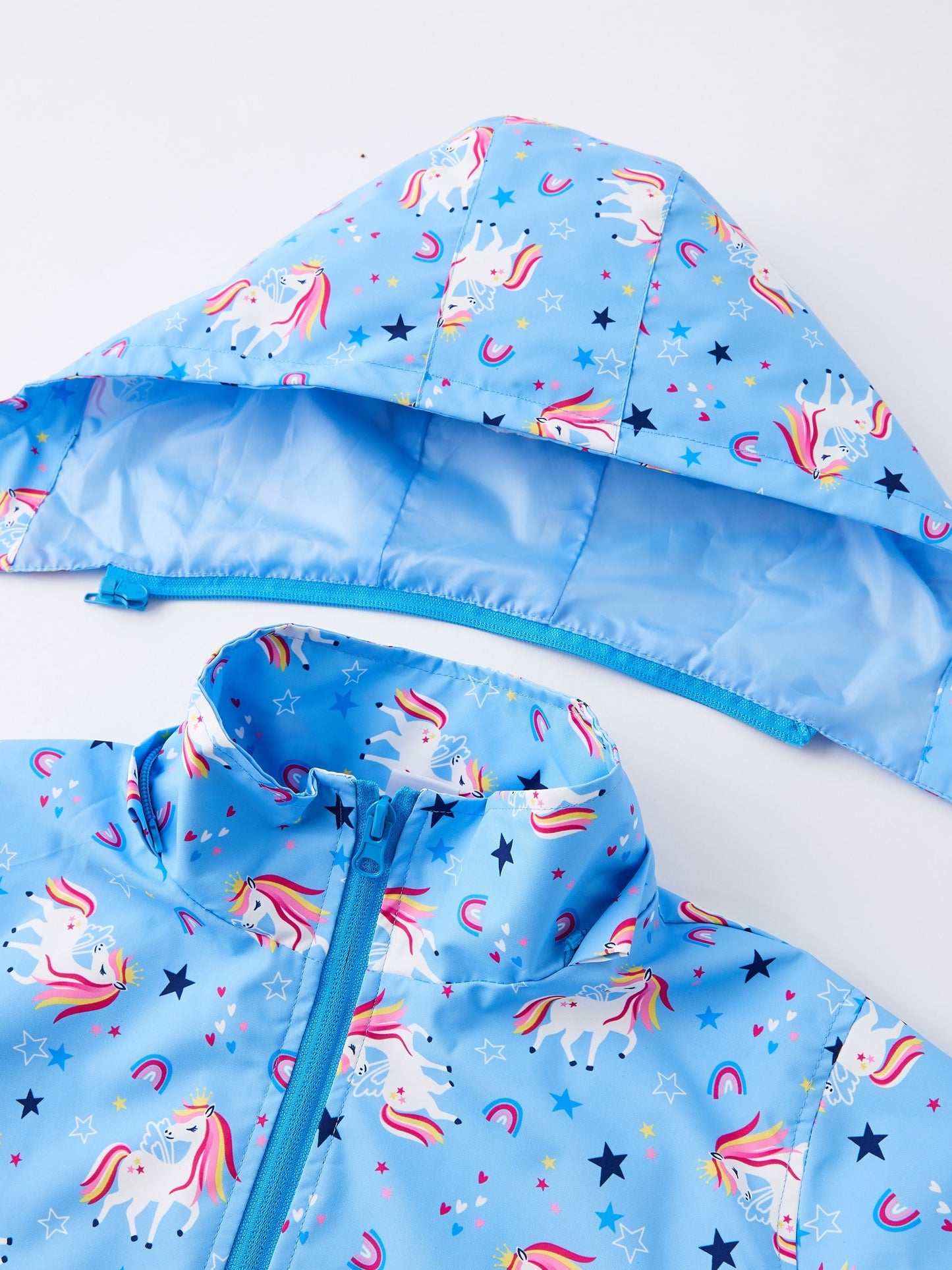 Girls' Unicorn Jacket - Lightweight Windproof Hooded Outerwear with Removable Hood, Pastel Rainbow & Clouds Design, Zip-Up Front, Long Sleeves, and Pockets for Spring/Fall Casual Wear, Unicorn Clothes, Playful Kids Fashion, D