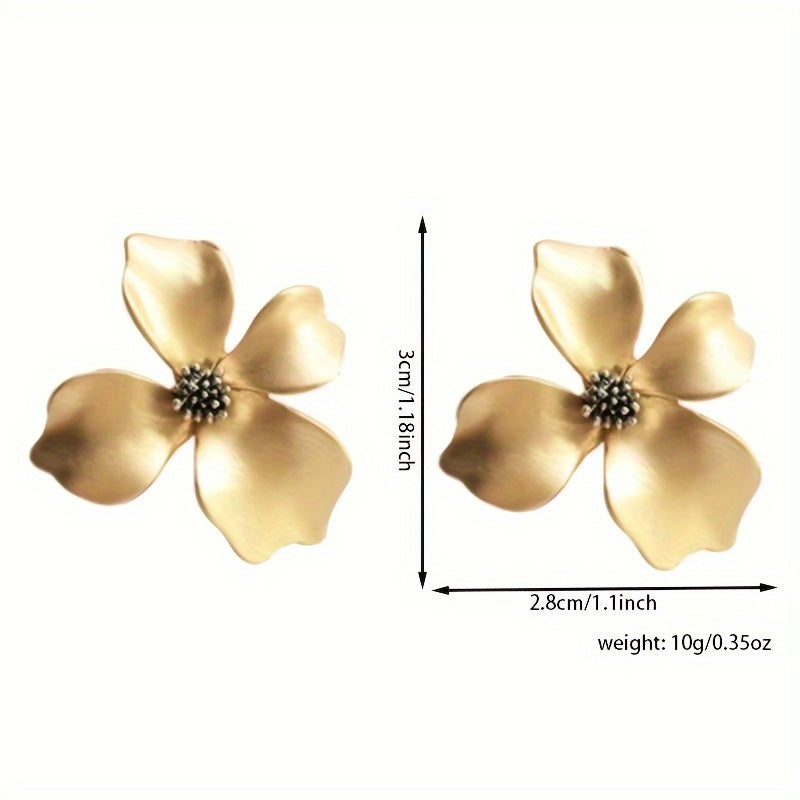 1 Pair of Exquisite Three Dimensional Four Petals Flower Stud Earrings - Fashion Bohemian Chic Design, Durable Zinc Alloy Construction, Luxurious 14K Gold Plating - Elegant Style for Special Occasions
