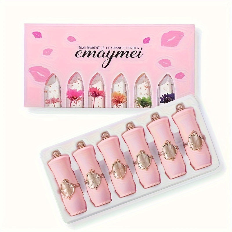 6-Piece Set of emaymei Vibrant Transparent Jelly Change Lipsticks - Featuring Crystal Golden Foil, Delicate Flower Petals, Shimmering Pink Hues, and Long-Lasting Moisturizing Formula for a Perfect Pout