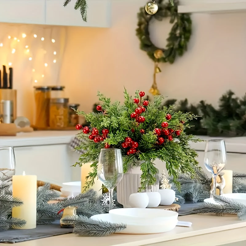 20pcs Realistic Artificial Pine Branches with Red Berries - Green Plastic Christmas Sprigs for DIY Wreaths, Garlands, Table Centerpieces, Winter & Holiday Decor (Vase Not Included) - Fake Pine Needles for Home Decoration, Chr