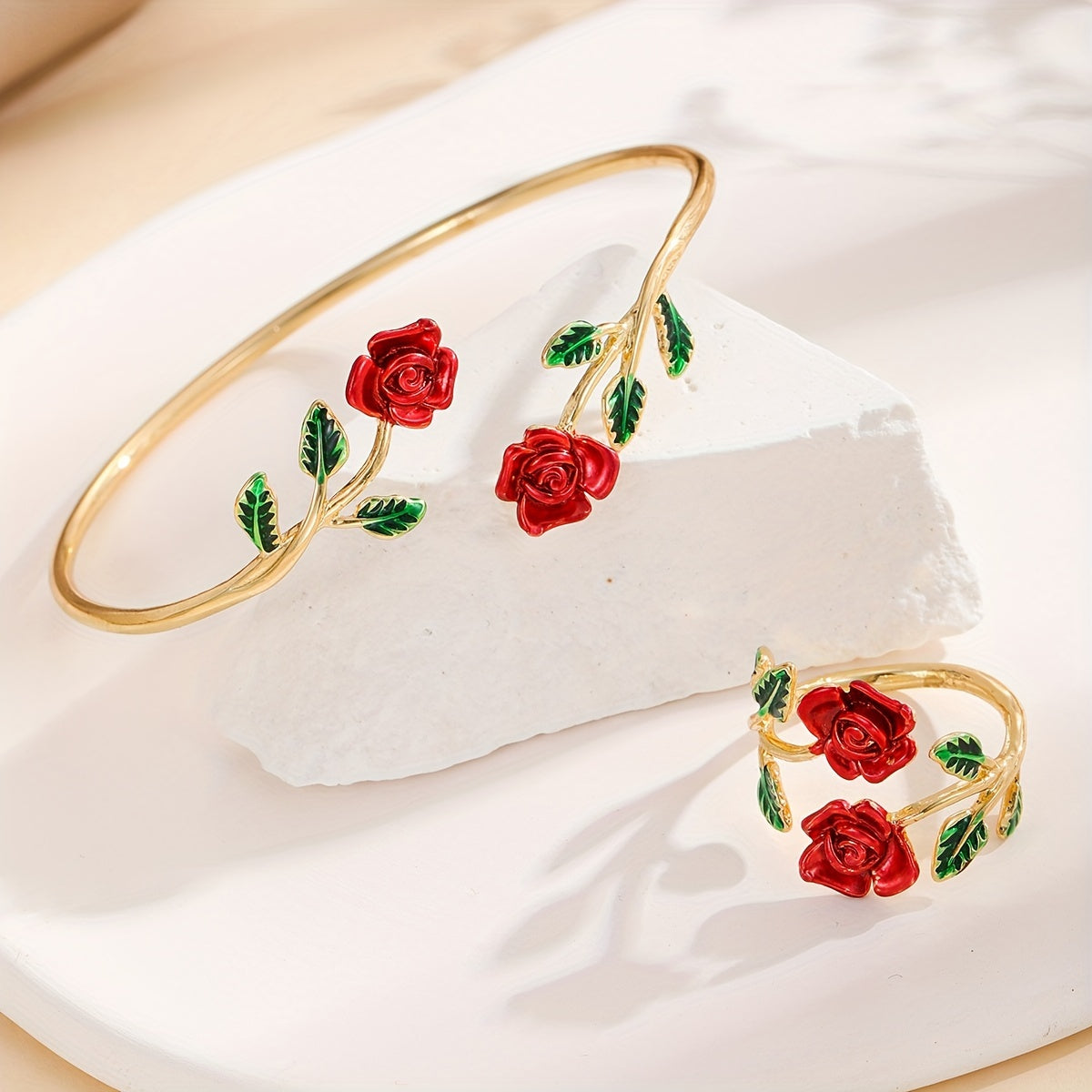 Elegant Rose Flower Design Bangle Ring Set Women's Floral Design Jewelry Gift Accessories