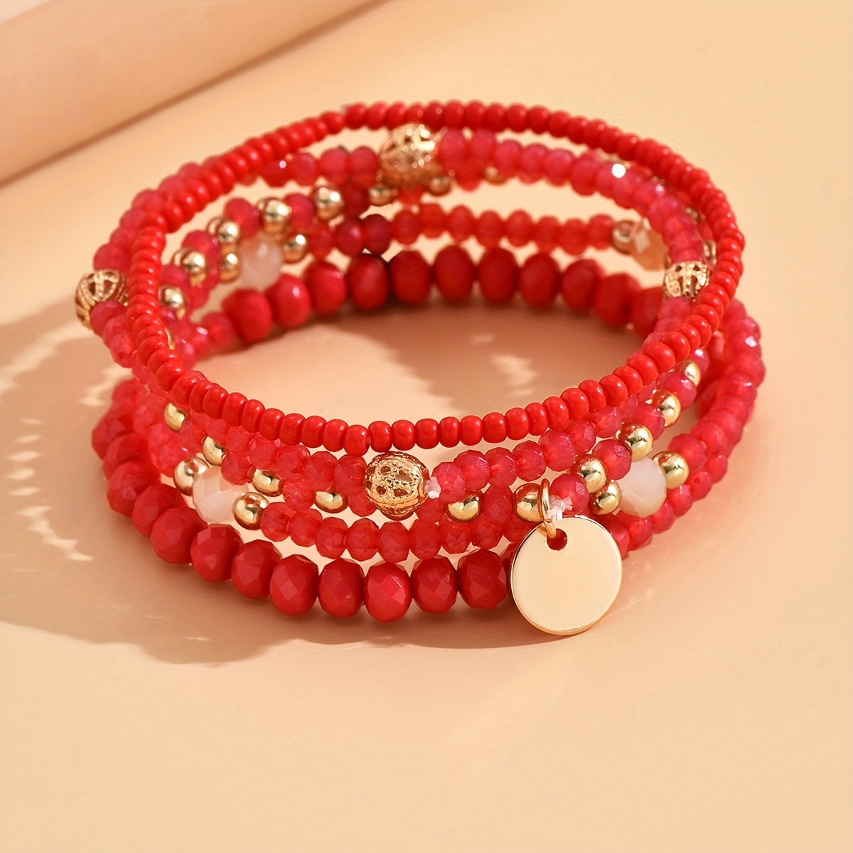 Set of Five Minimalist Round Pendant Bead Bracelets