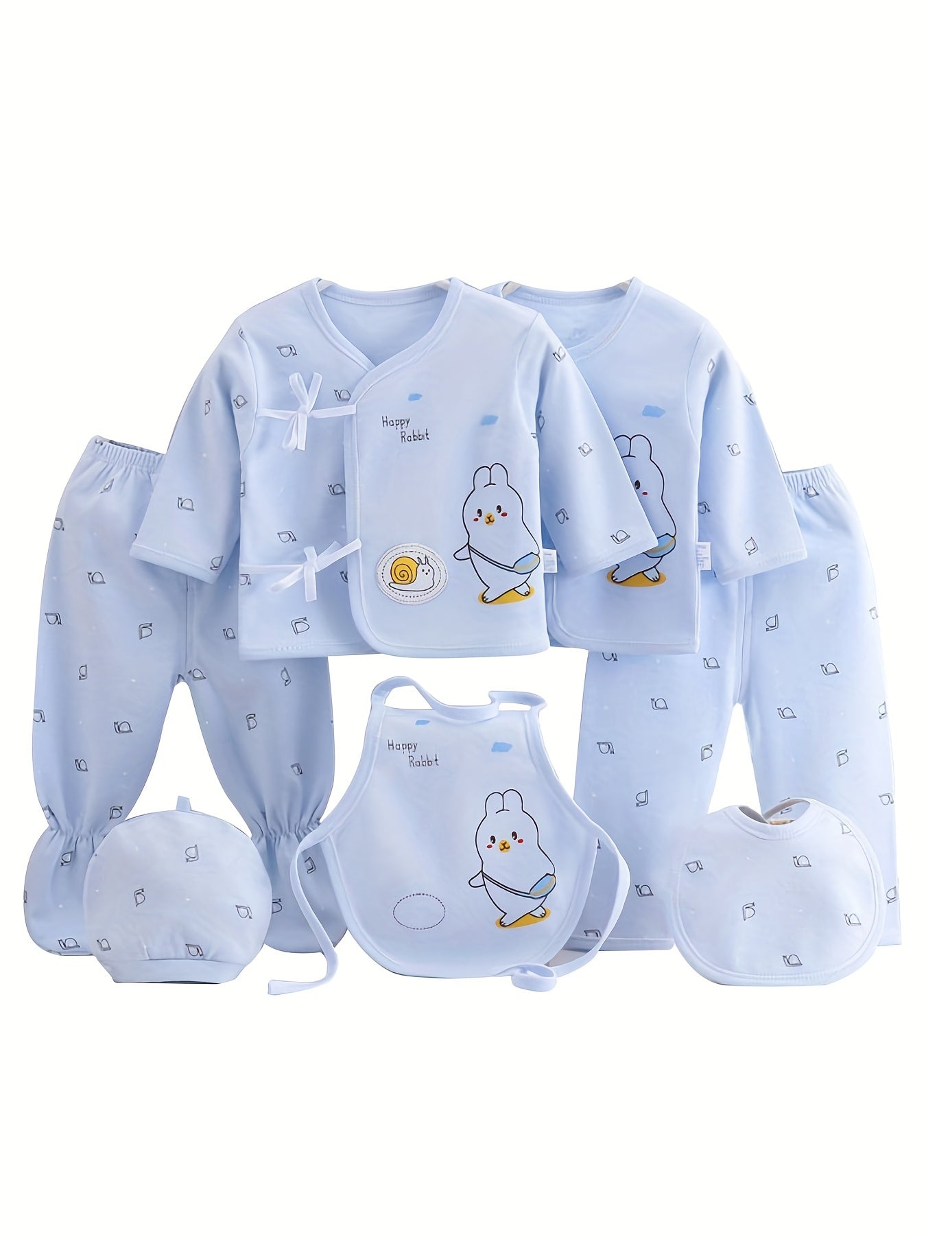 7pcs Newborn Outfits Gifts, Cute Graphic Baby Boys Girls Cotton Comfy Clothes Set - Footed Pants Cardigan Top Trousers Hat Bib Set Outdoor Clothes Outdoor Clothes
