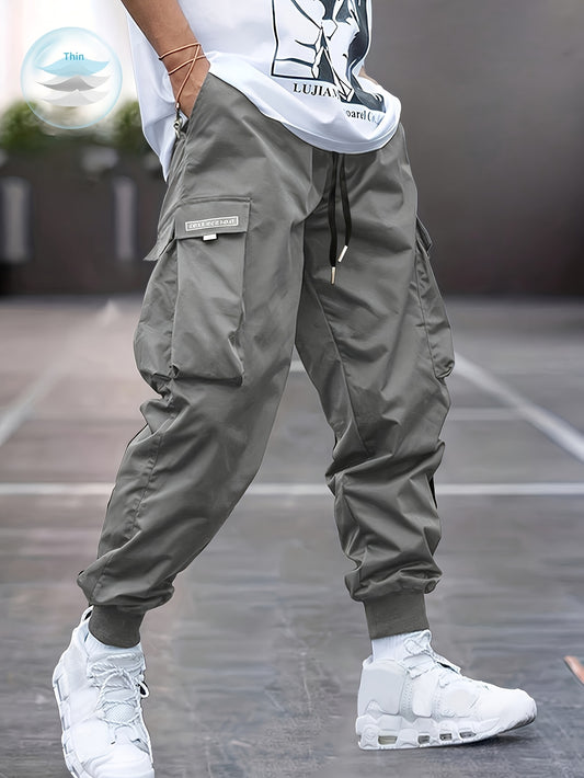 Casual Cargo Design| Men's Olive Green Cargo Pants - Durable Polyester, Casual Style with Multi-Pocket Design & Drawstring Waist, Non-Stretch Woven Fabric, Ideal for Spring/Fall Outdoor Activities, Plus Size Cargo Pants