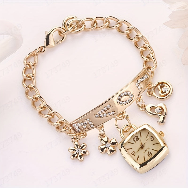 Exquisite LOVE Alphabet Bracelet Watch for Women - Quartz Movement with Flower Decor and Tonneau Dress Design - Perfect for Casual and Formal Occasions