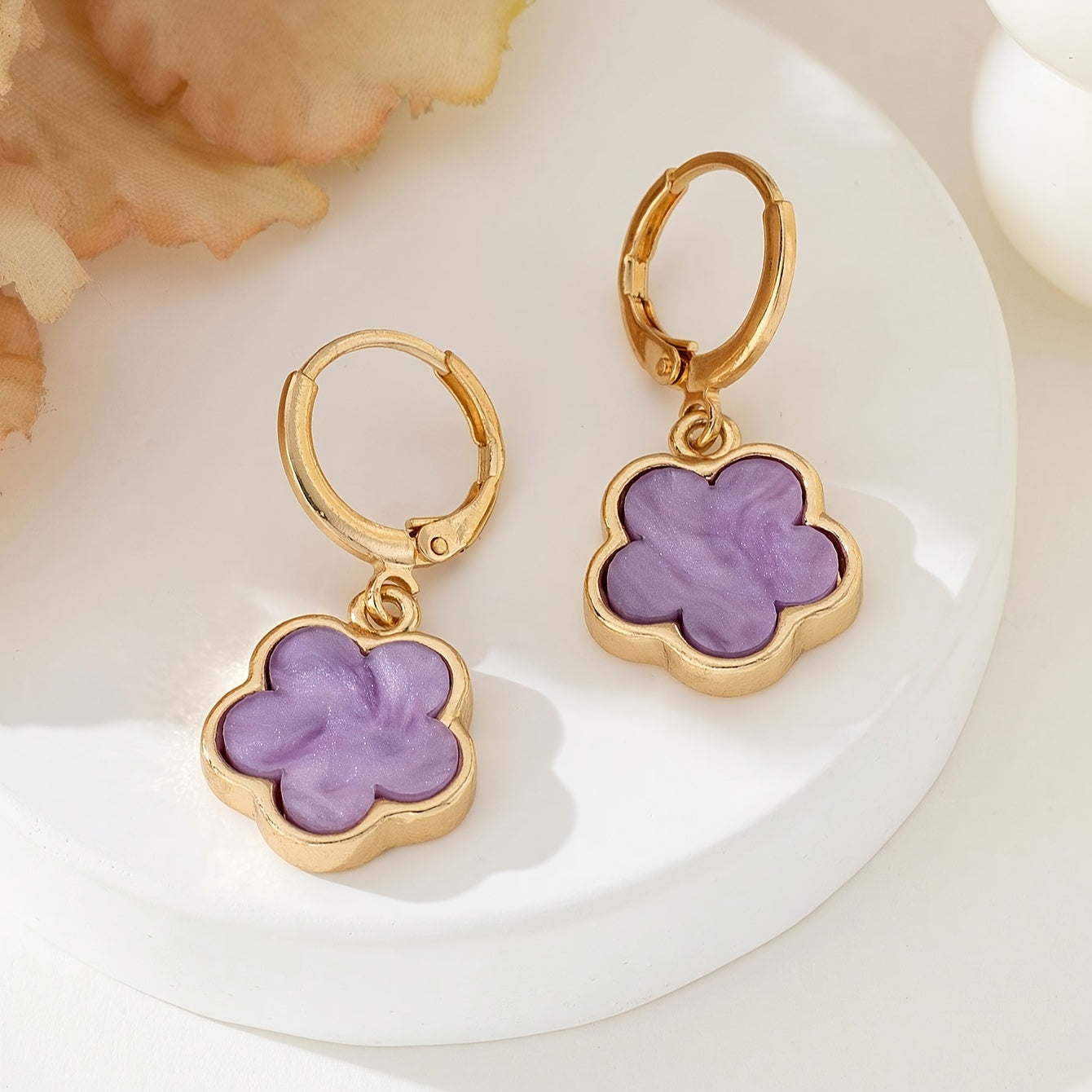 Colorful Lucky Flower Design Dangle Earrings Elegant Simple Style Alloy Jewelry Female Earrings