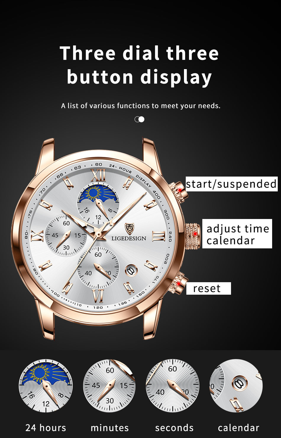 LIGE Men'S Quartz Watch | Vintage Style | Multi-Functional Chronograph | 30m | Calendar & Moon Phase | High-Quality Strap | Zinc Alloy Case, Electronic Drive | Non-rechargeable Button Battery | Luxury Business Watch, Business
