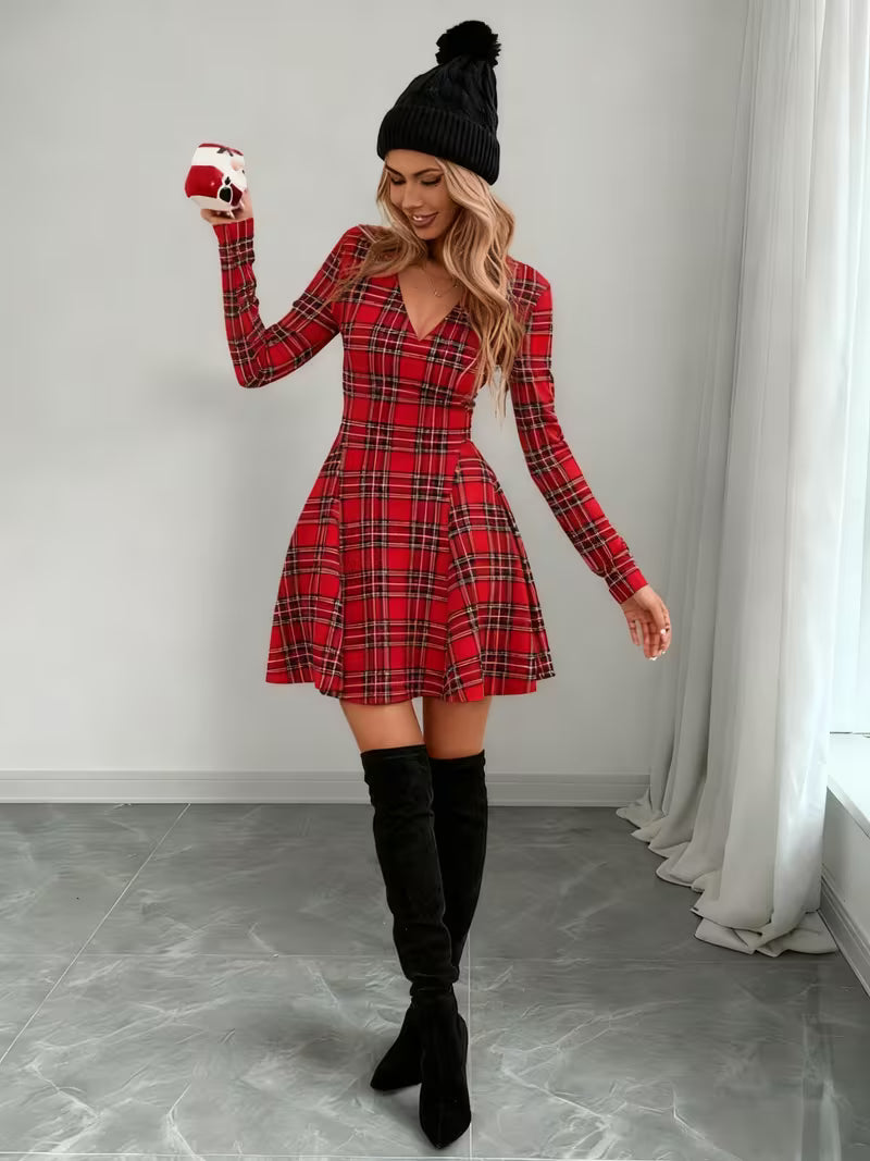 Round-Neck Plaid Mini Dress