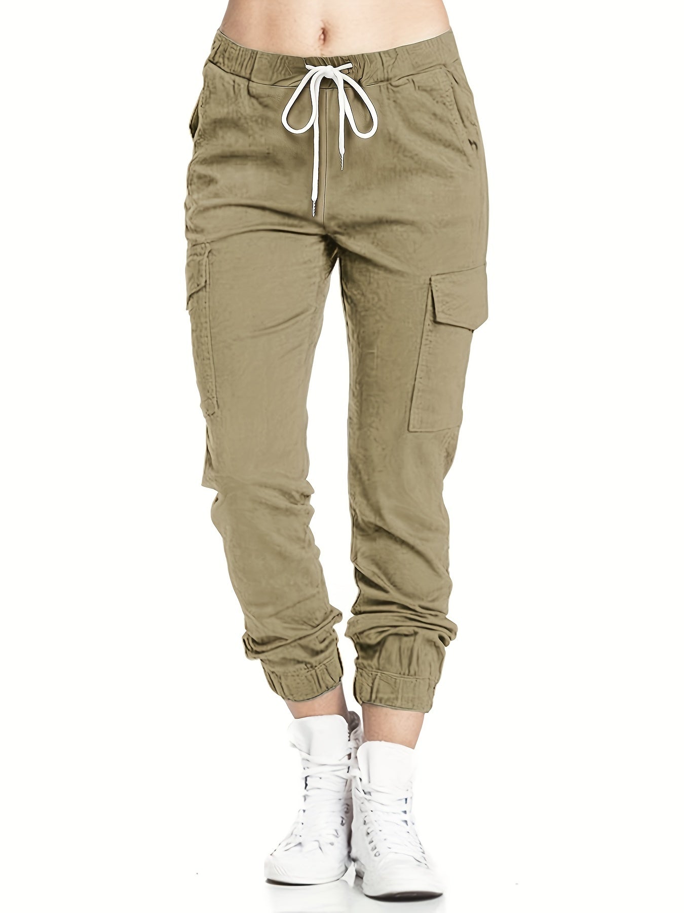 Y2K Chic Drawstring Cargo Pants - Stretchy Elastic Waist, Long Length, Multiple Pockets, Casual Comfortable Women's Clothing for Everyday Wear