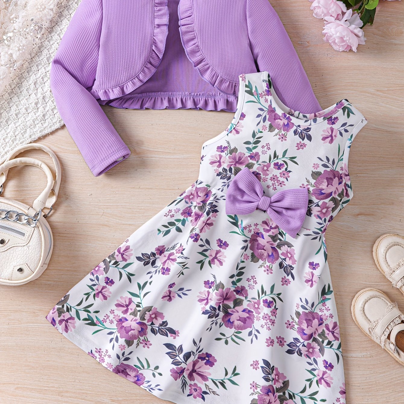 Sweet Girls 2pcs Solid Frill Trim Long Sleeve Outerwear + Flower Graphic Sleeveless Dress Set For Summer Party Gift