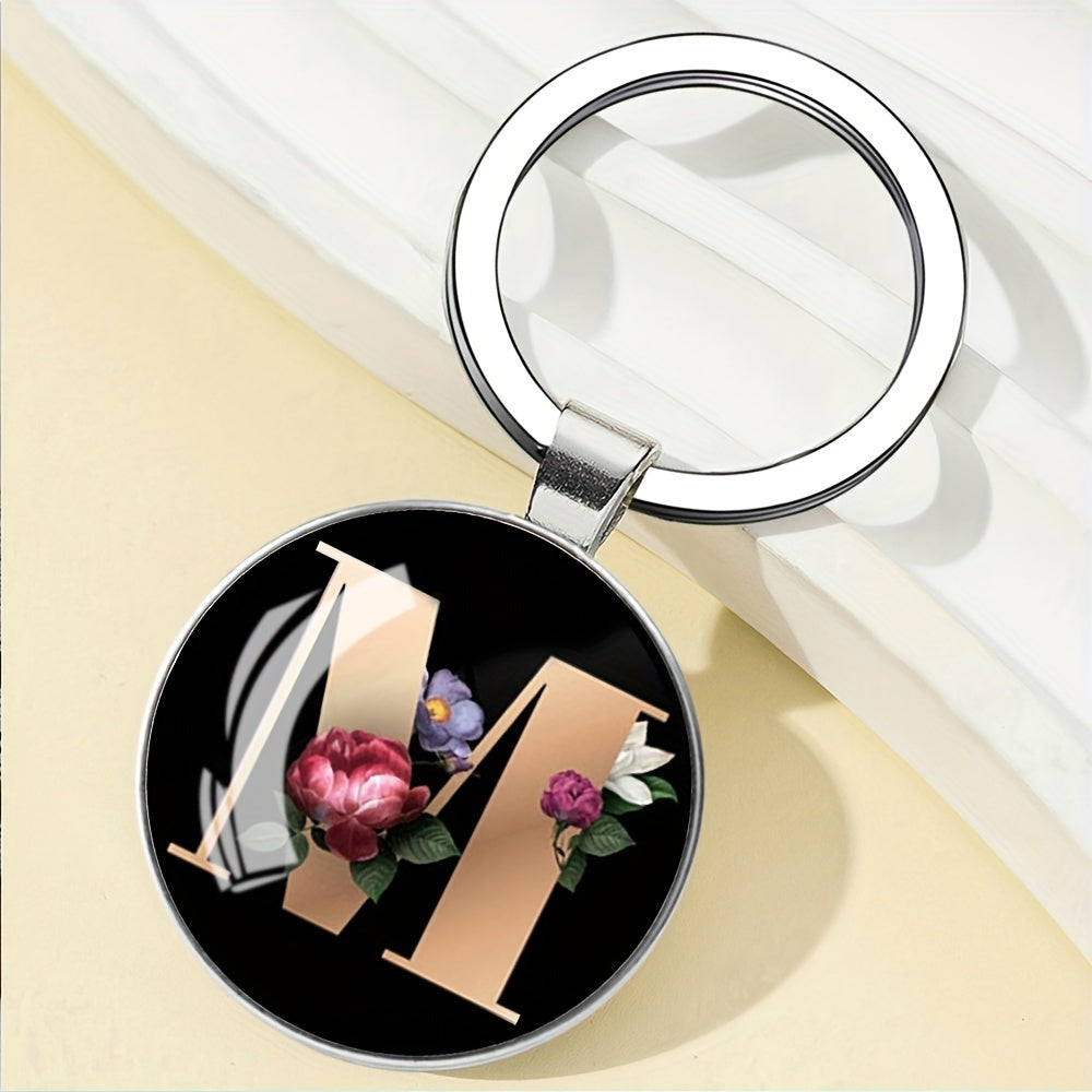 1pc Elegant Floral Alphabet Glass Keychain, Round Character-Themed Alloy Keyring, Romantic Collegiate Style Accessory, Ideal for Birthday, Anniversary, Graduation, Bridal Shower Gifts, and Festive Occasions - Christmas, Hallo
