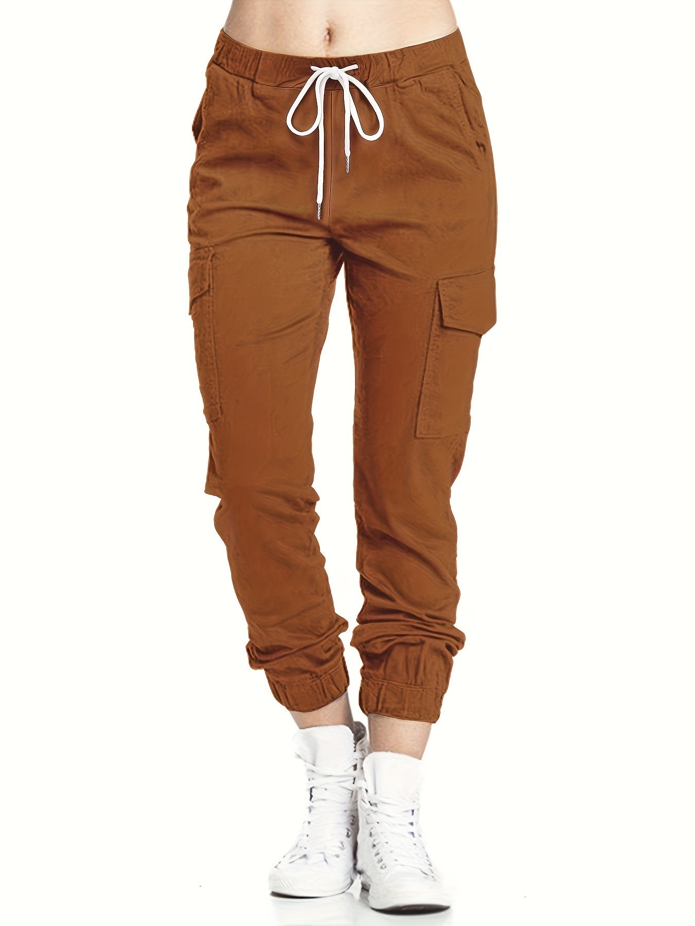 Y2K Chic Drawstring Cargo Pants - Stretchy Elastic Waist, Long Length, Multiple Pockets, Casual Comfortable Women's Clothing for Everyday Wear
