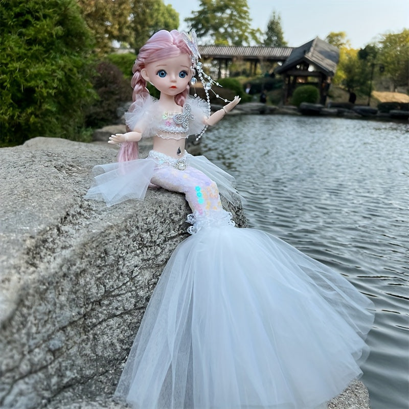 45cm/17.72inch Mermaid Doll Girl Toy Blue Eyed Children's Princess Doll Wedding Dress Doll Family Birthday Gift Fish Tail Can Be Unfolded, Christmas/Halloween/Thanksgiving Gift