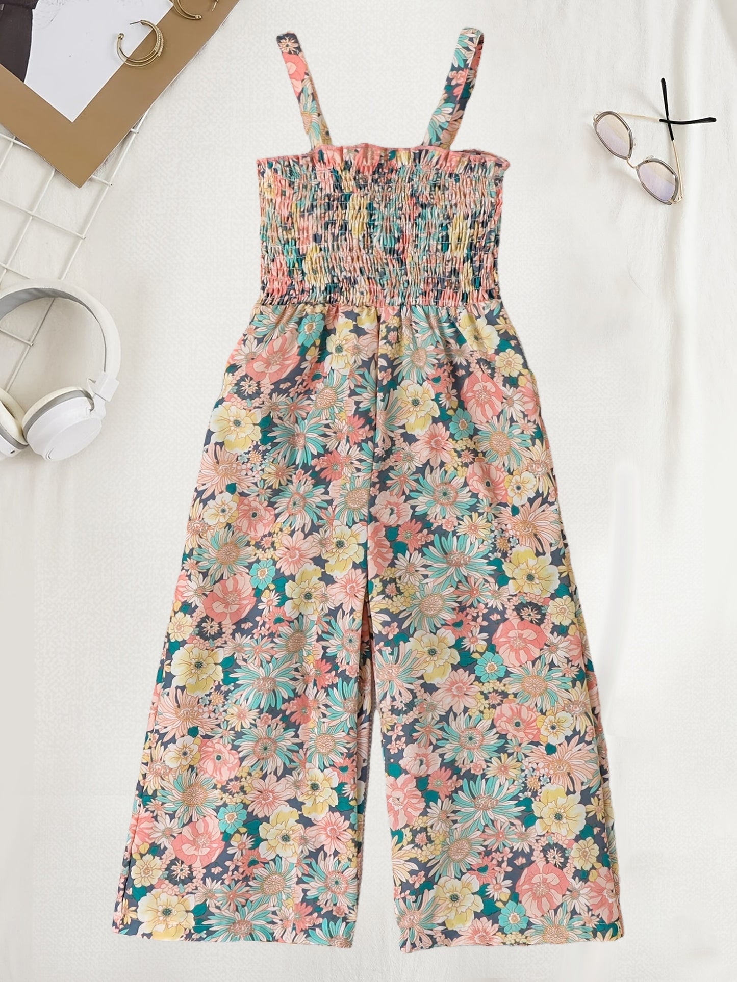 [Boho Flower Jumpsuit] Boho Flower Print Girls Shirred Cami Jumpsuit | For Going Out Party Holiday Kids Summer Clothes