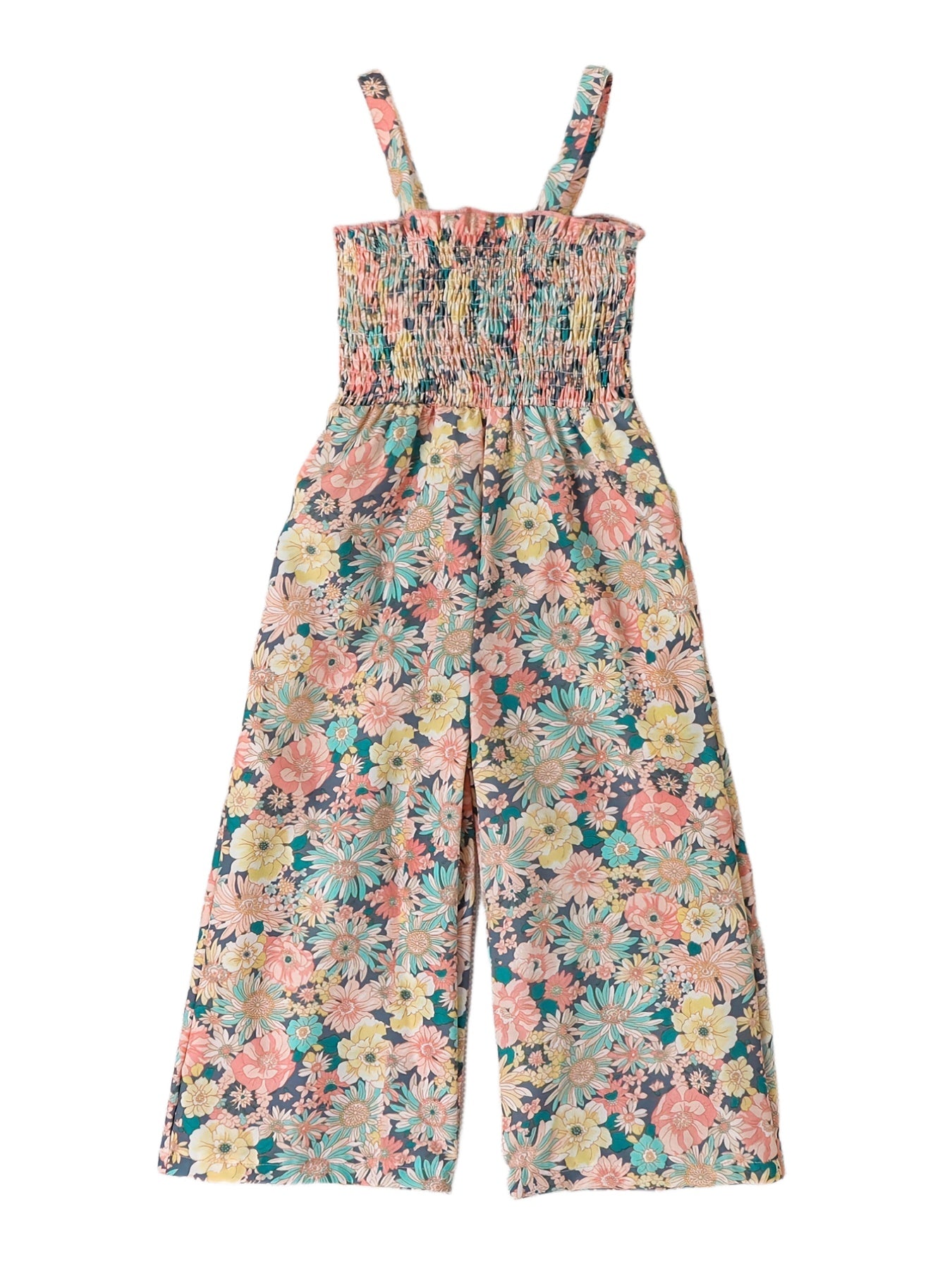 [Boho Flower Jumpsuit] Boho Flower Print Girls Shirred Cami Jumpsuit | For Going Out Party Holiday Kids Summer Clothes