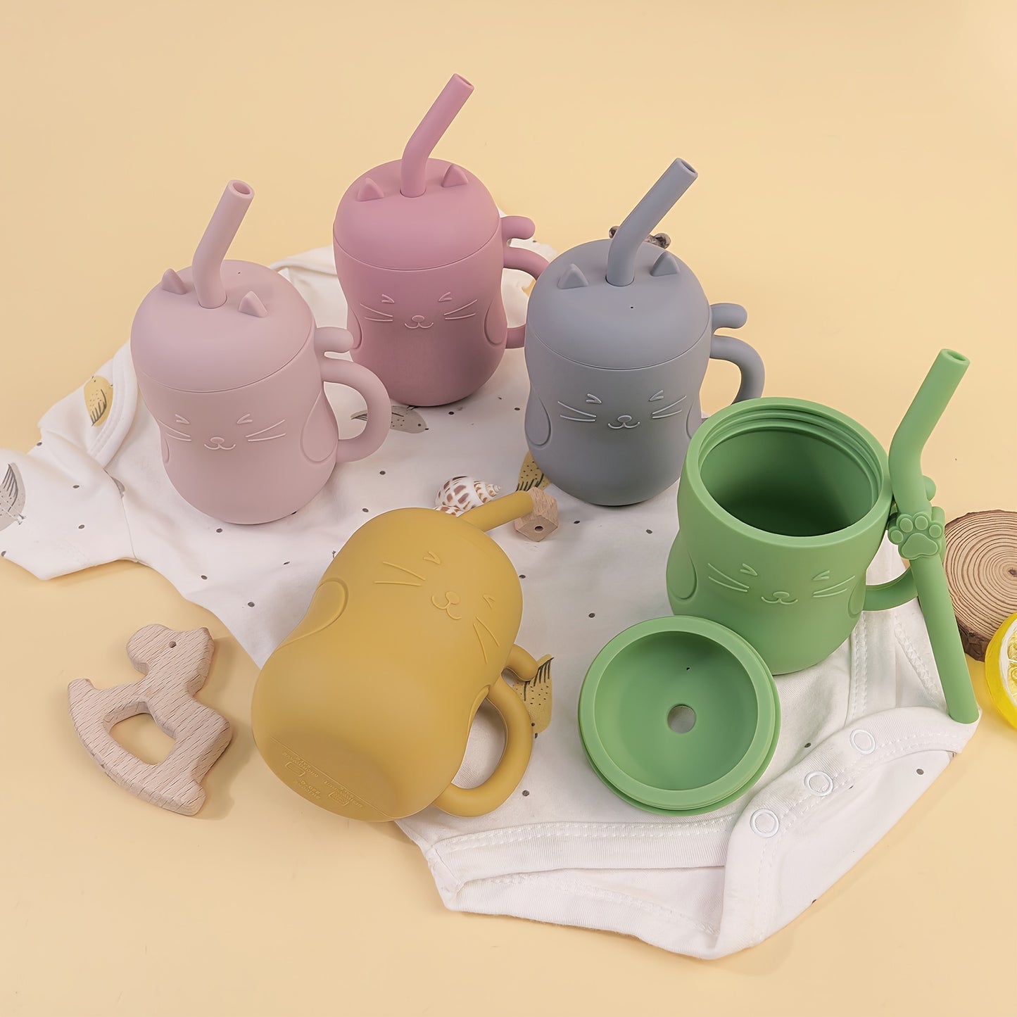TYRY.HU Baby Learning Cup with Straw & Lid - Leak-Proof Soft Silicone Training Cup Suitable for, Feeding, Lid & Straw, Cute Cat, Easy to Clean, (4 Colors: ///)