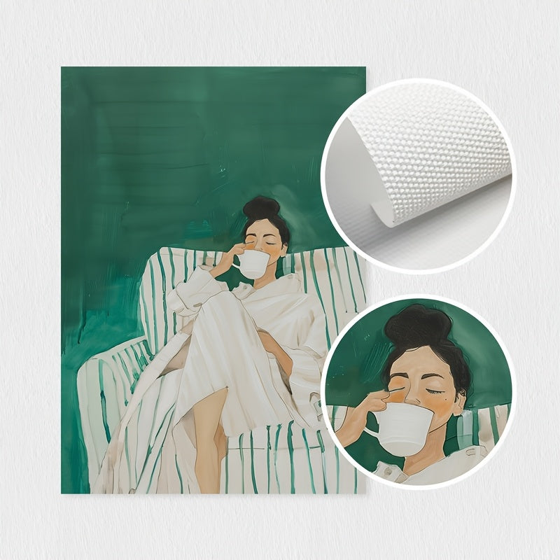A Set of 2 Abstract Character Wall Art Prints, Featuring a Jade Green Striped Woman Canvas Poster, Minimalist Large Art Wall Decor, Coffee Lover Prints, Spring Decorations for Living Rooms, Bedrooms, Cafes, Bars, Offices, Hal