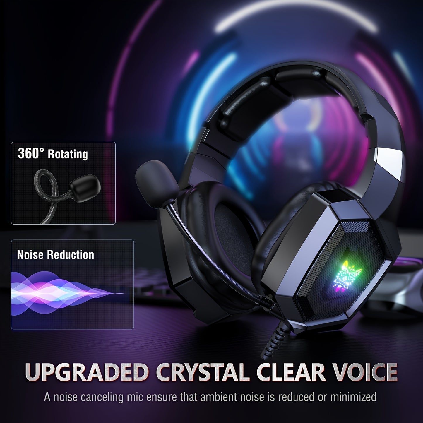 ONIKUMA K8 Wearable Gaming Headset For Computer With Microphone Wired Headset-gaming Headphones For PS4/PS5/Xbox One/PC With LED Lights, For Playstation Headset With Noise Reduction 7.1 Surround Sound Over-Ear And Wired 3.5mm
